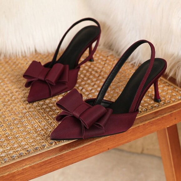 Burgundy Preppy Women's Pointed Toe Low Vamp High Heel Shoes - Picture 4 of 6